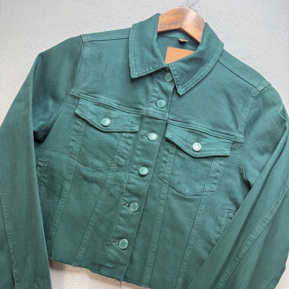 Judy Blue Denim Jean Jacket Womens Small Green Cotton Blend Cropped Distressed